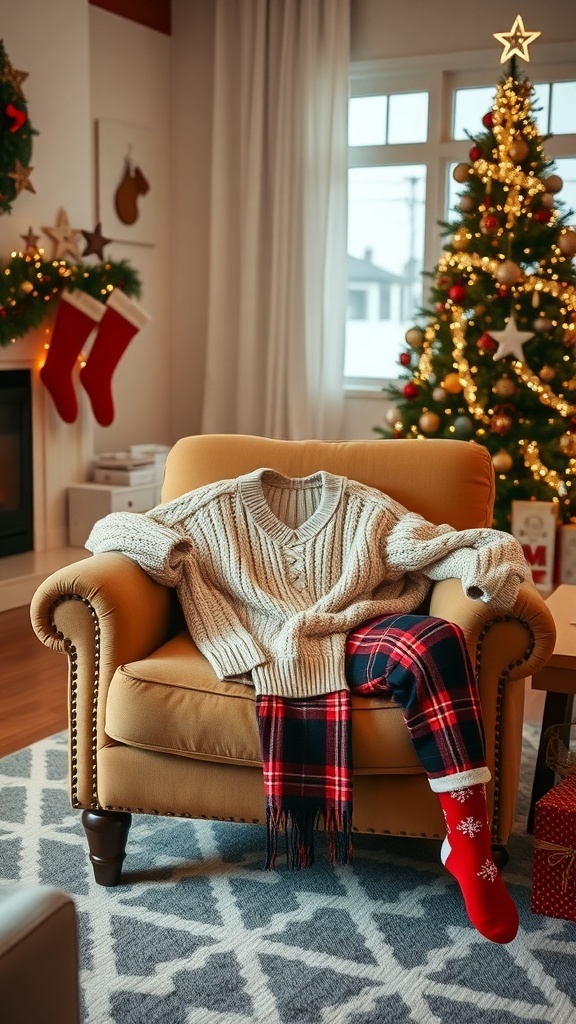 A cozy Christmas outfit displayed in a festive living room with a decorated tree.
